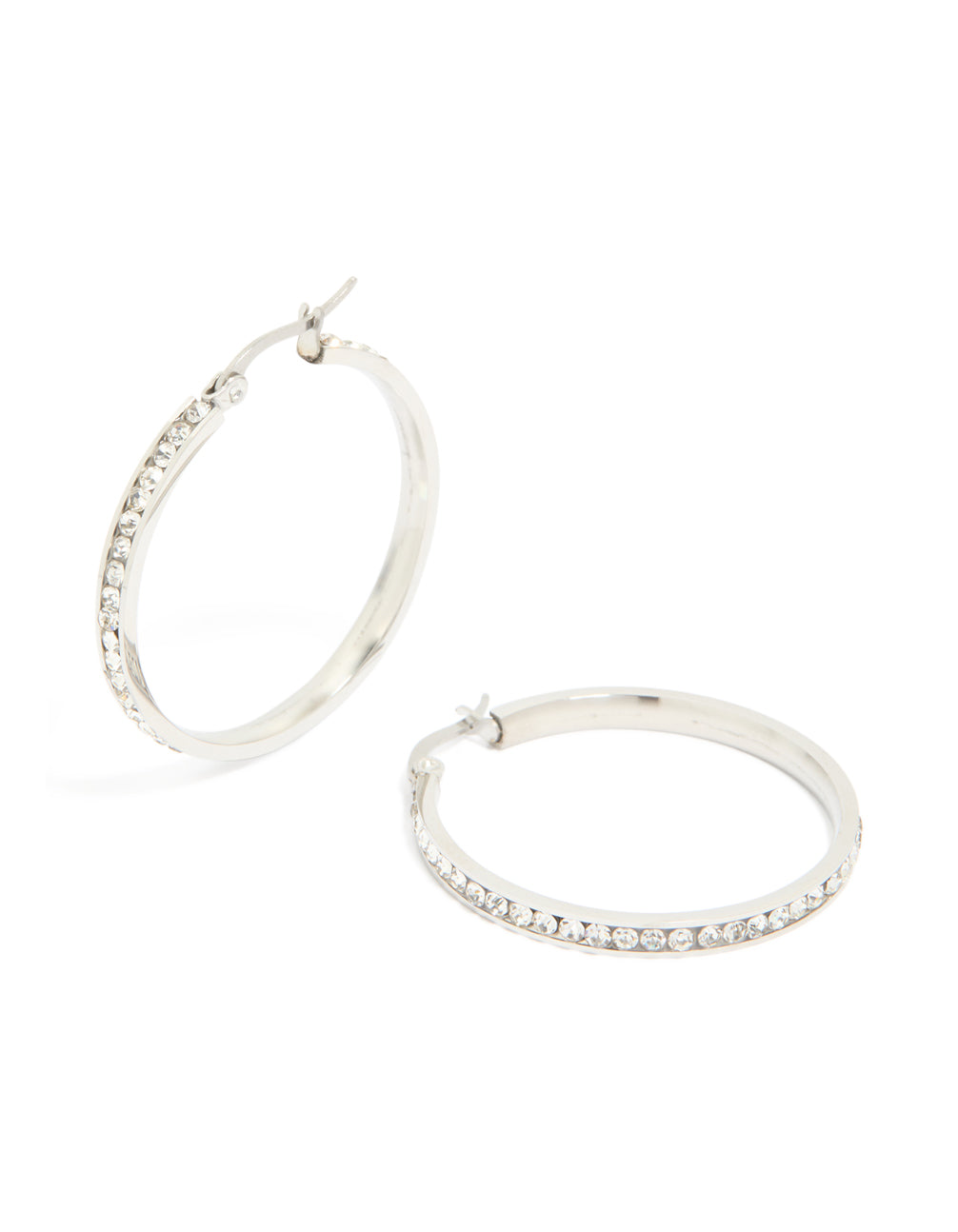 Showcasing waterproof stainless steel diamante hoop earrings in silver 35 MM front view