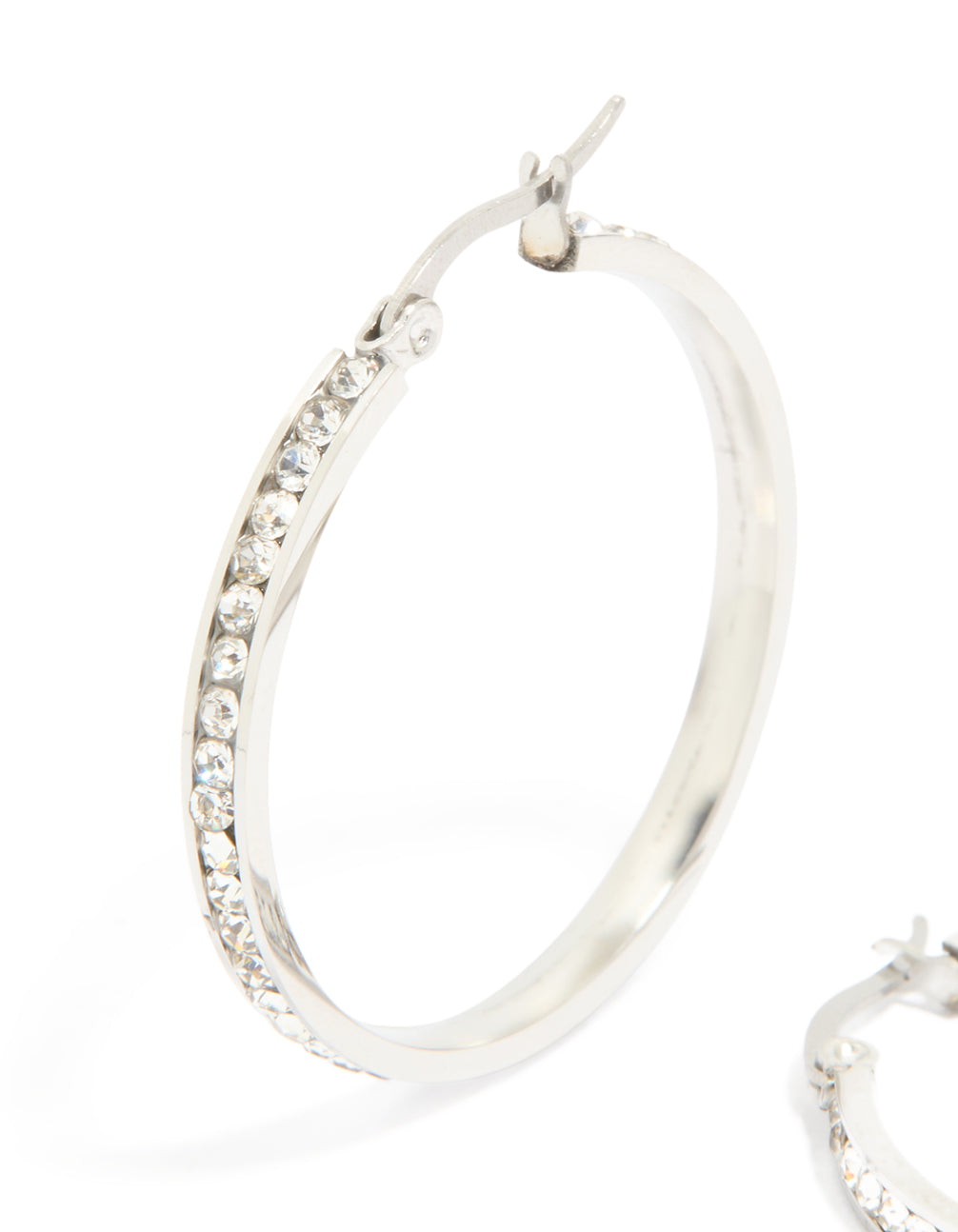 Highlighting waterproof stainless steel diamante hoop earrings in silver 35 MM close up view