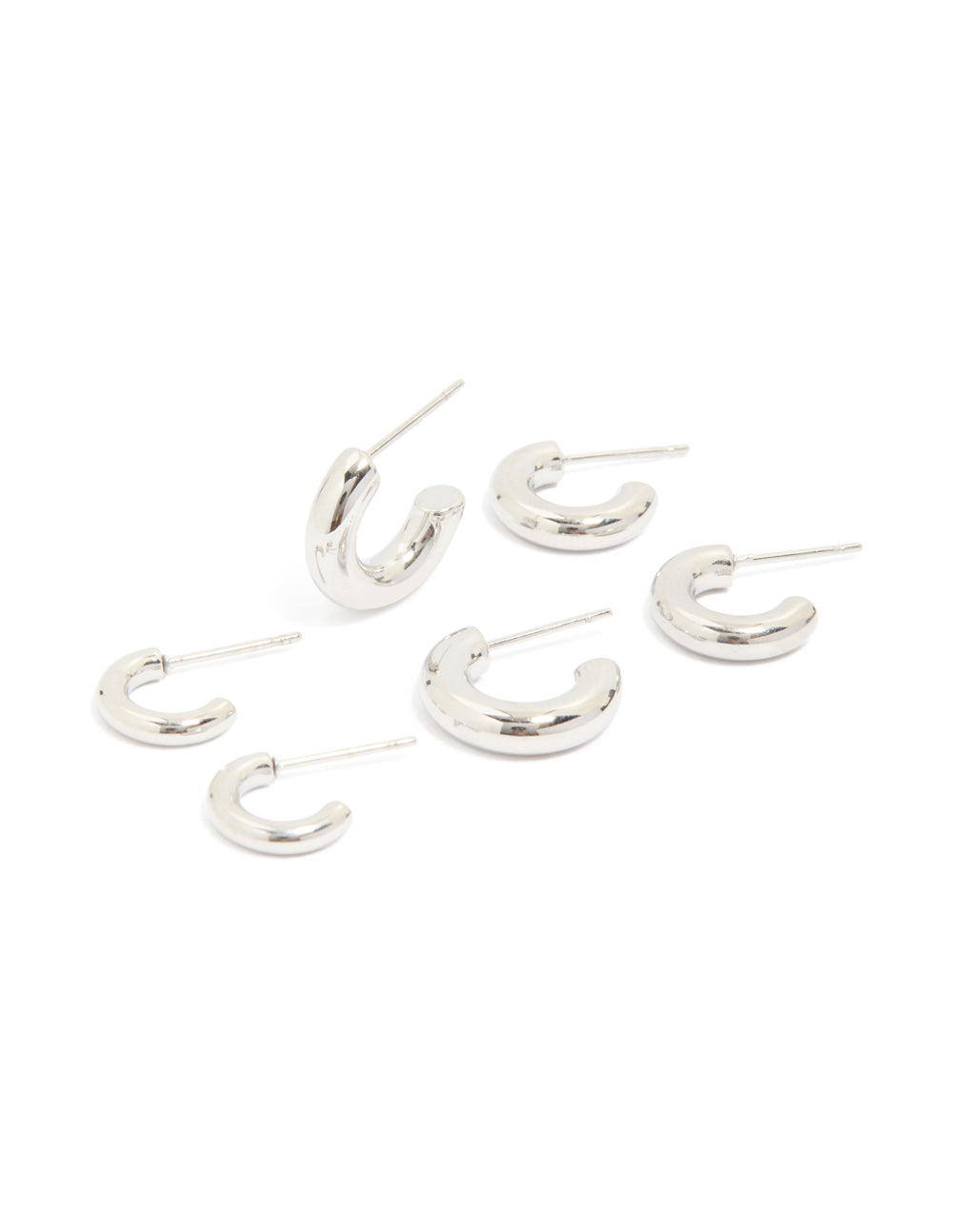 Featuring waterproof stainless steel multi-sized hoop earrings in a 3-pack with silver color front view