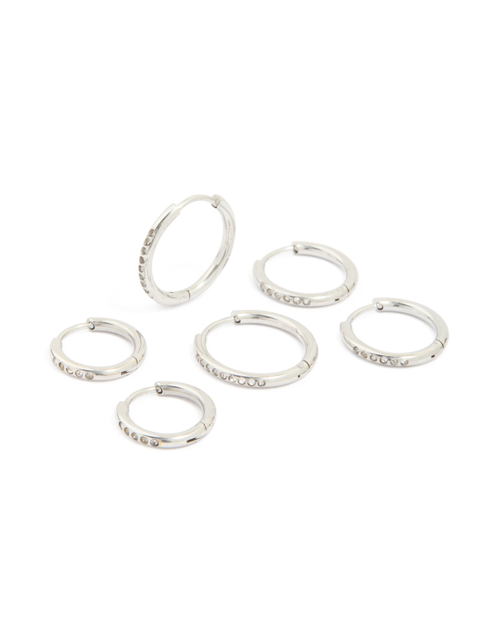 Discover waterproof stainless steel cubic zirconia clicker hoop earring pack in silver front view