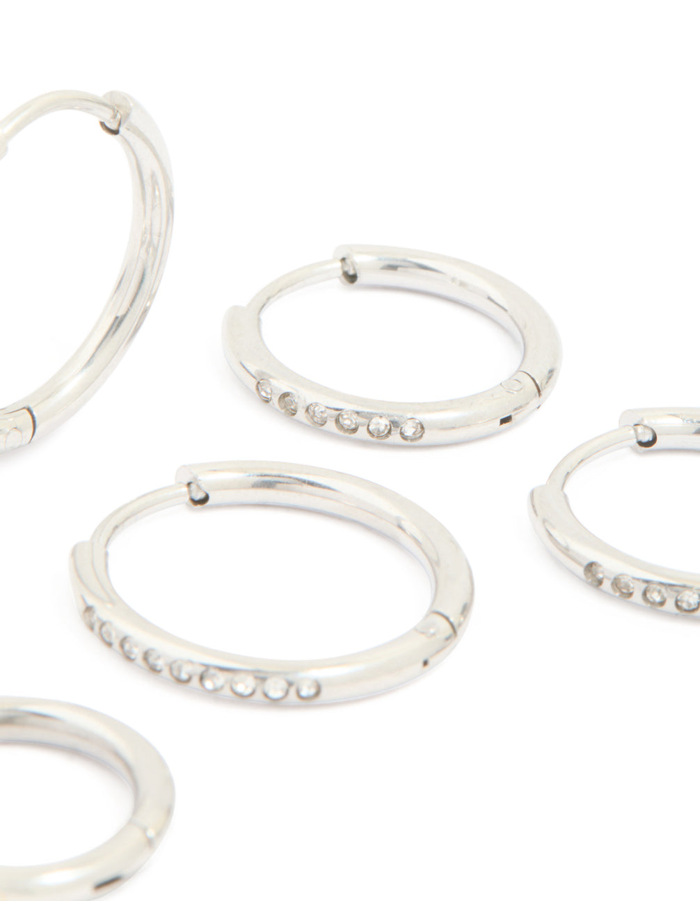 Presenting waterproof stainless steel cubic zirconia clicker hoop earring pack in silver post detail view