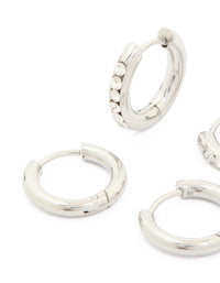 Waterproof Stainless Steel Cubic Zirconia & Smooth Chunky Huggie Earrings 2-Pack - link has visual effect only