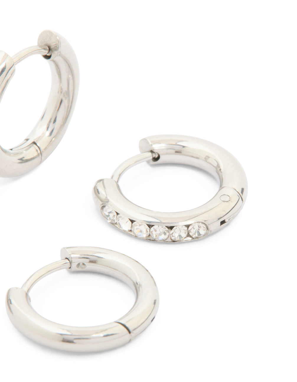 Highlighting waterproof stainless steel cubic zirconia and smooth chunky huggie earrings 2-pack with crystal stones and closure mechanism post detail view
