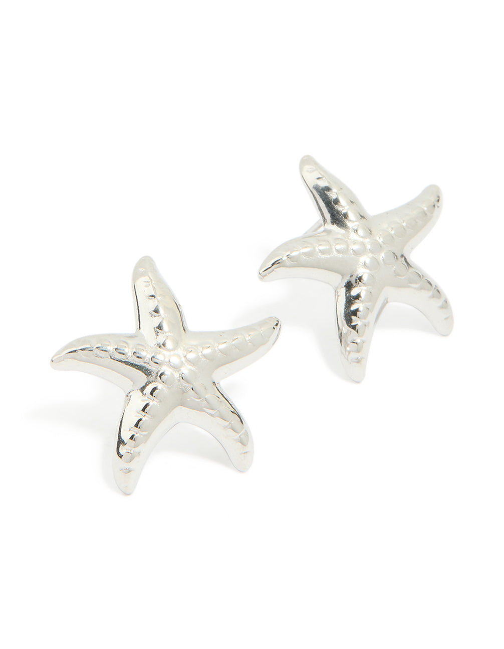 Crafted from waterproof stainless steel, these textured starfish stud earrings feature ocean-inspired charm details in silver front view