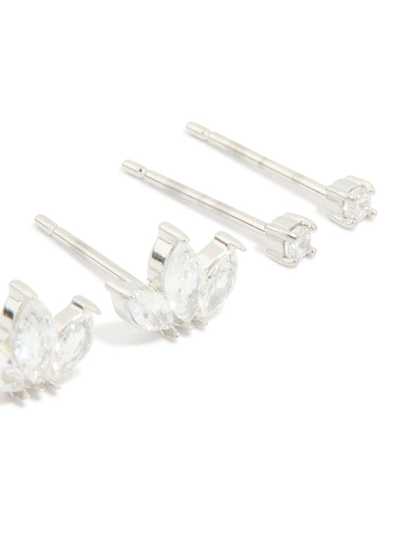 Waterproof Stainless Steel Cubic Zirconia Fine Marquise & Classic Stud Earrings 3-Pack