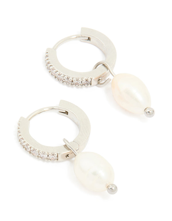 Waterproof Stainless Steel Diamante Freshwater Pearl Drop Huggie Earrings
