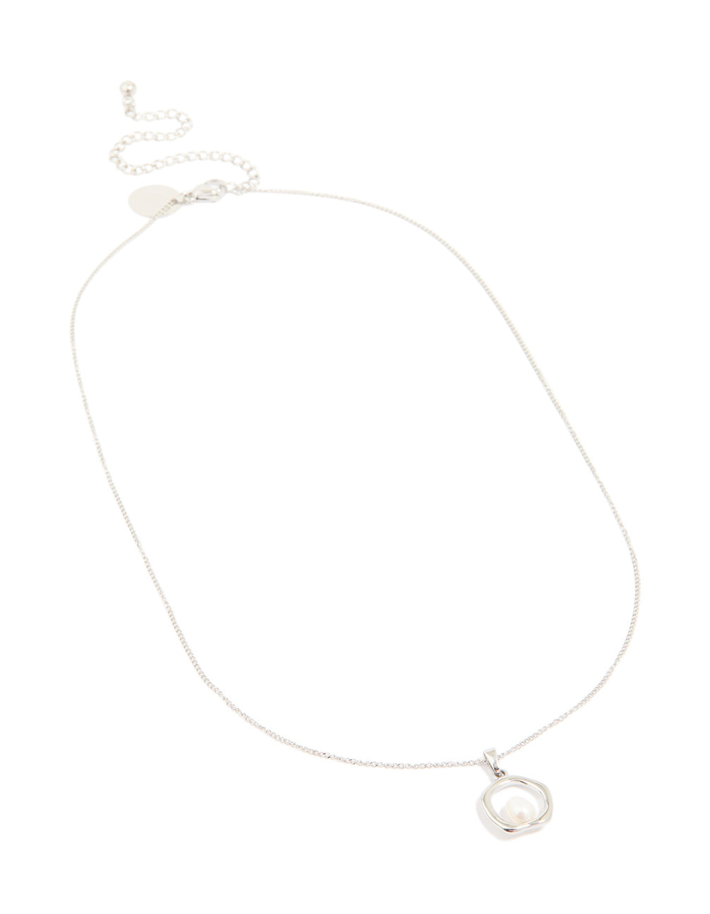 Featuring a waterproof stainless steel freshwater pearl molten hoop centre pendant necklace in silver and white front view