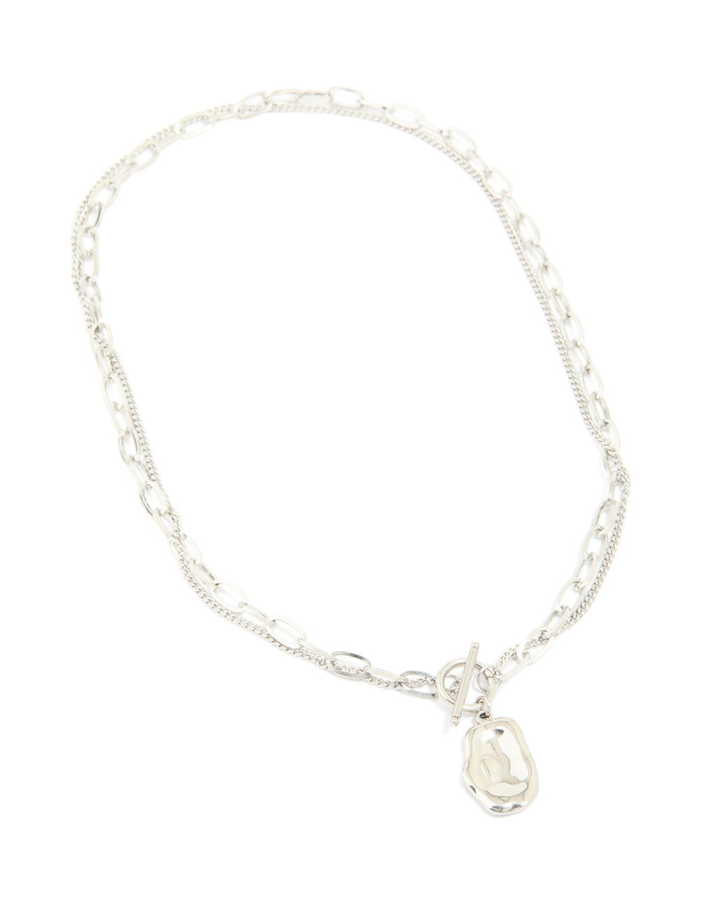 Crafted from waterproof stainless steel, this molten pendant and chain layered necklace in silver front view