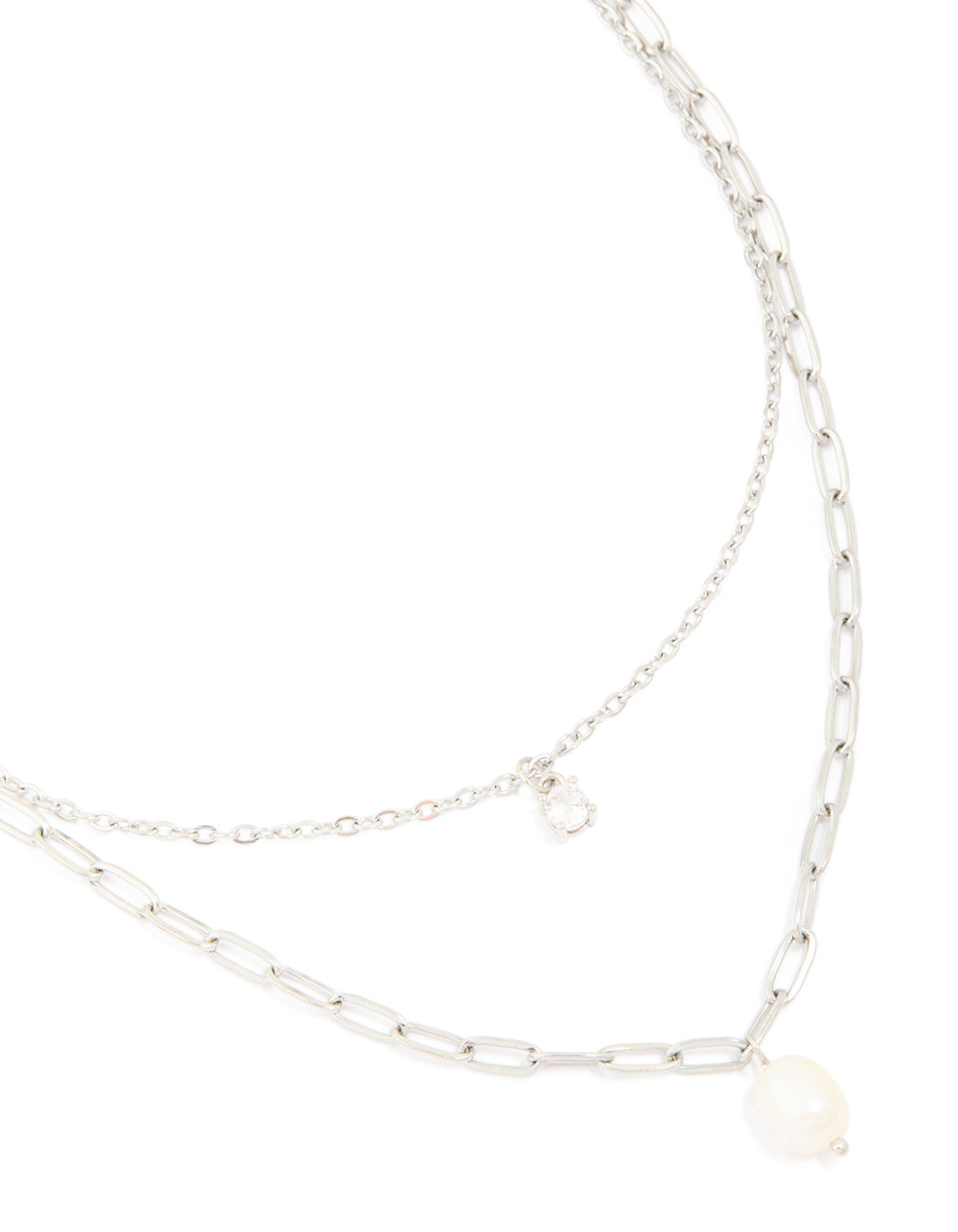 Discover a waterproof stainless steel diamante and freshwater pearl chain layered necklace in silver ivory on neck view