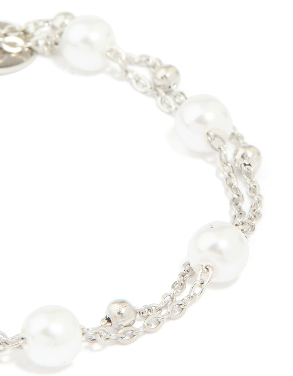 Crafted from waterproof stainless steel pearl and ball layered bracelet with white and silver details close up view