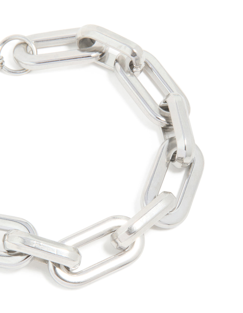 Crafted from waterproof stainless steel with large paperclip chain in silver and statement style close up view
