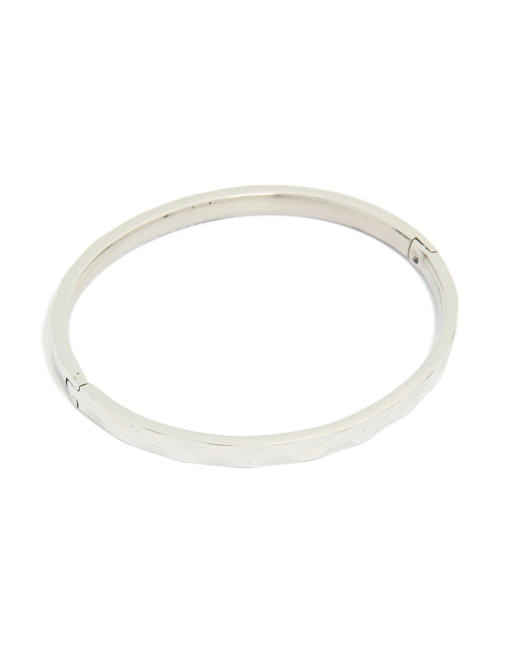 Featuring a waterproof stainless steel hammered hinged bangle in silver with statement design front view
