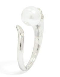 Featuring a pearl, this waterproof stainless steel open wrap around ring in silver and white side detail view - link has visual effect only