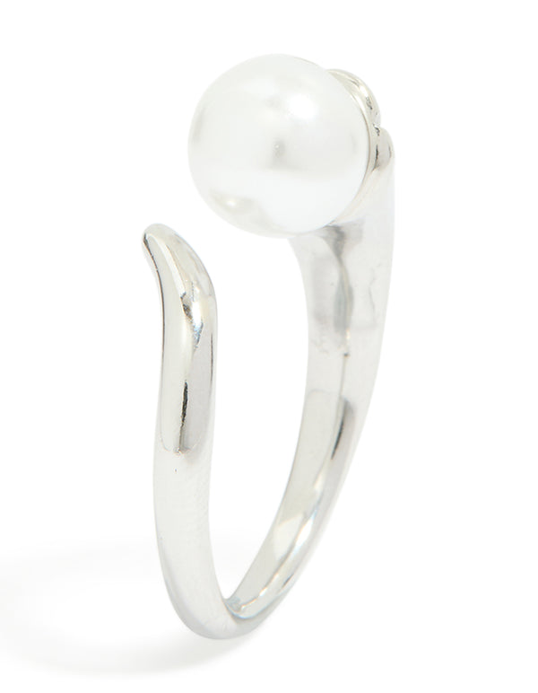 Featuring a pearl, this waterproof stainless steel open wrap around ring in silver and white side detail view