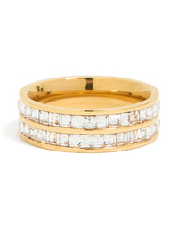 Waterproof Gold Plated Stainless Steel Square Cubic Zirconia Double Layered Ring - link has visual effect only
