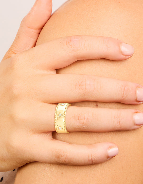 Waterproof Gold Plated Stainless Steel Cubic Zirconia Star Thick Band Ring