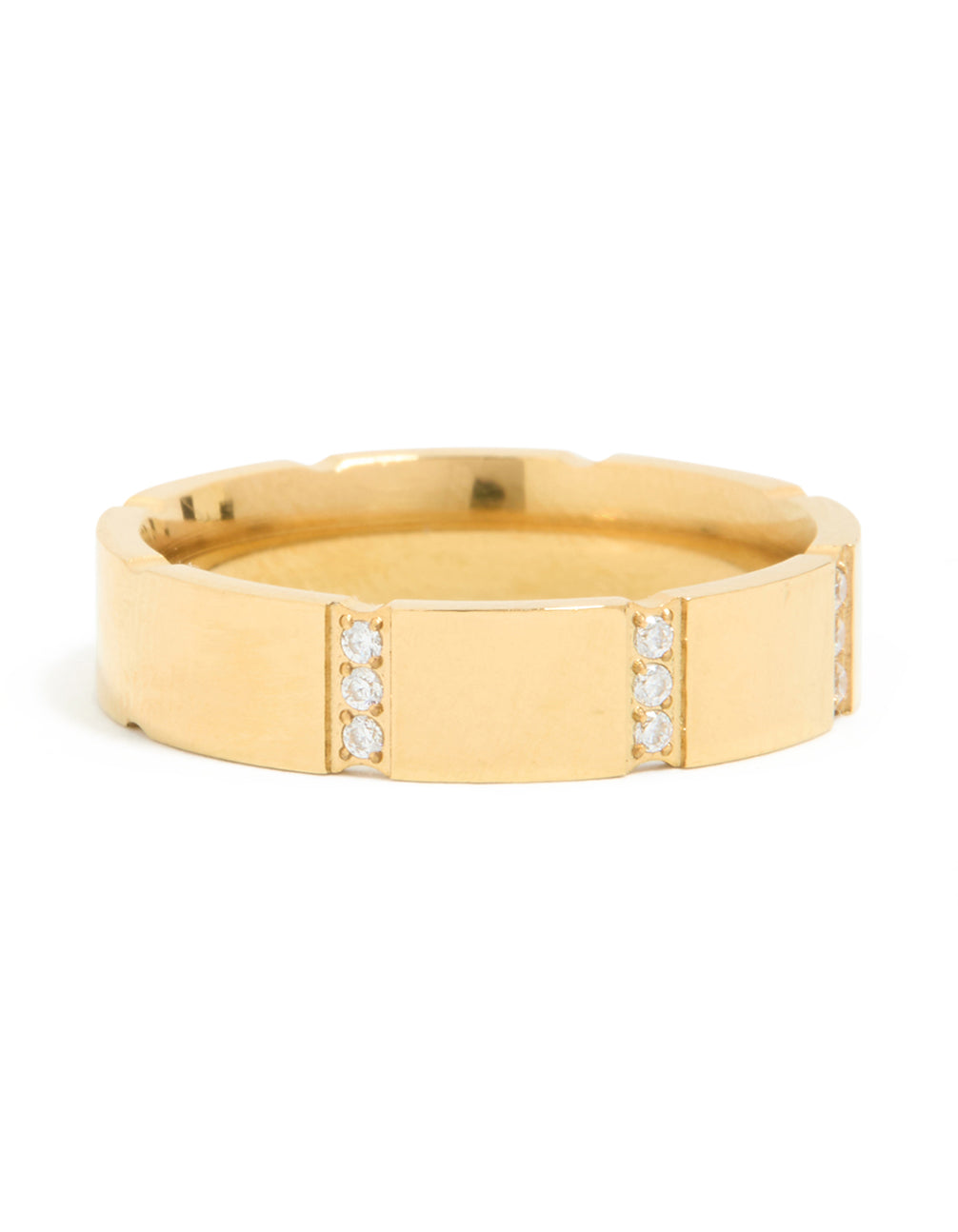 Featuring waterproof stainless steel trio stripe ring in gold plated finish with cubic zirconia front view