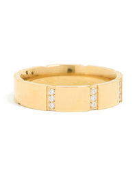 Featuring waterproof stainless steel trio stripe ring in gold plated finish with cubic zirconia front view - link has visual effect only