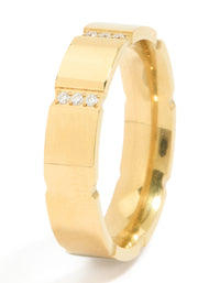 This waterproof gold plated stainless steel trio stripe ring with cubic zirconia side detail view - link has visual effect only