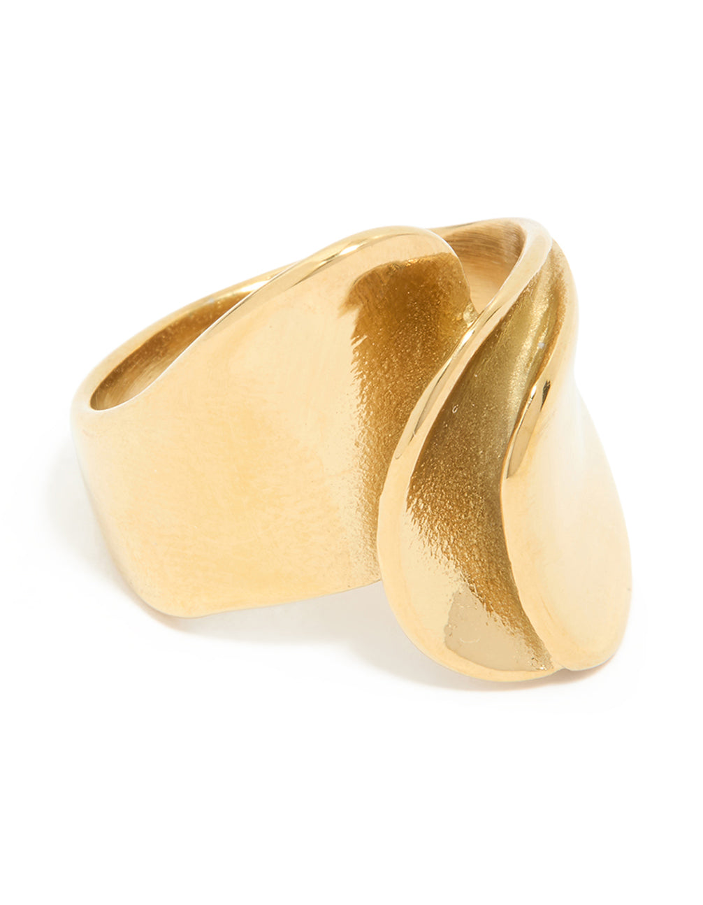 Showcasing a waterproof layered petal wrap ring crafted from gold plated stainless steel front view