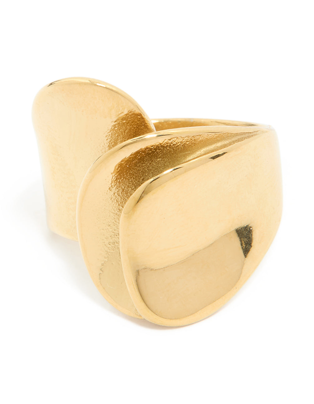 Crafted from waterproof gold plated stainless steel featuring a layered petal wrap ring close up view
