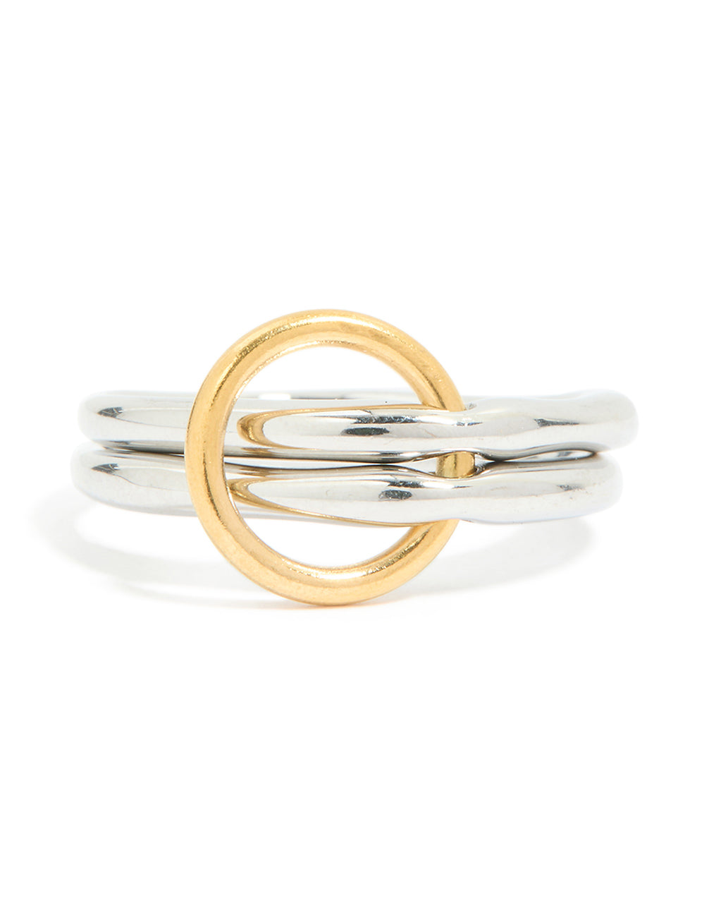 Presenting a waterproof mixed metal stainless steel stacked ring with interlocking circular silver and gold bands in chunky styling close up view