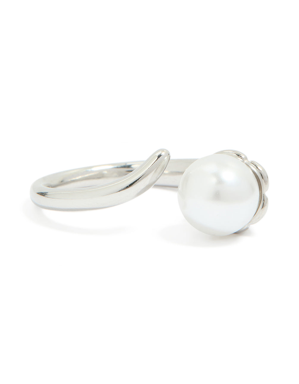 Showcasing a waterproof stainless steel pearl open wrap around ring in silver and white front view
