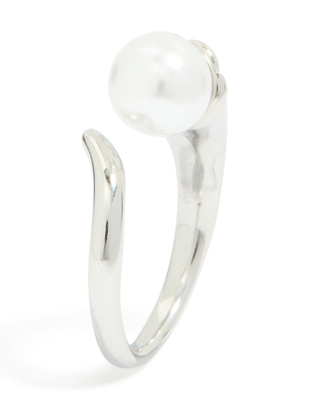 Crafted from waterproof stainless steel pearl open wrap around ring in silver and white side detail view