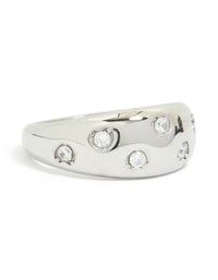 Showcasing a waterproof stainless steel spotty diamante band ring in silver and clear stone front view - link has visual effect only