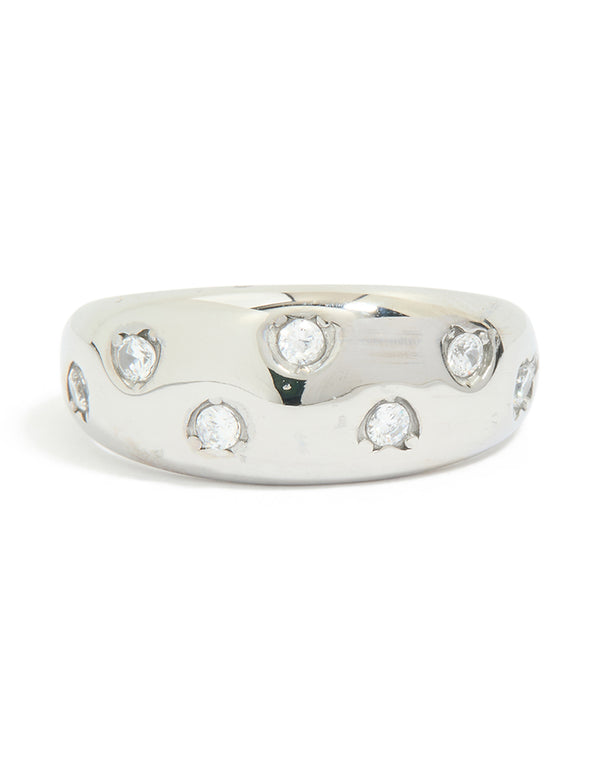 Showcasing a waterproof stainless steel spotty diamante band ring in silver and clear stone front view
