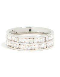 Elegantly crafted waterproof stainless steel square cubic zirconia double layered ring in silver and clear stone front view - link has visual effect only