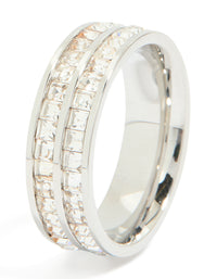 Featuring waterproof stainless steel square cubic zirconia double layered ring in silver and clear stone side detail view - link has visual effect only