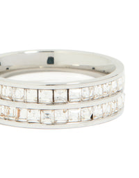 Beautiful waterproof stainless steel square cubic zirconia double layered ring in silver and clear stone close up view - link has visual effect only