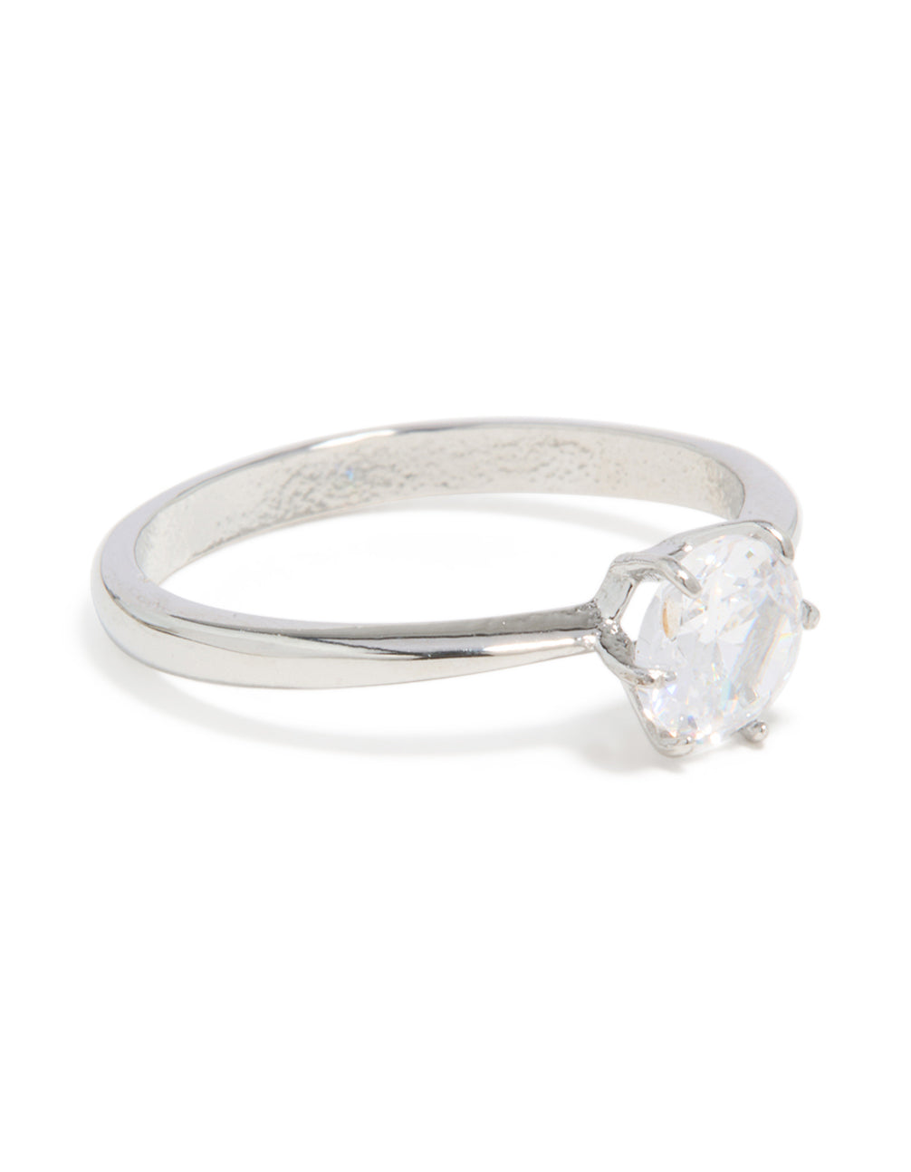 Introducing a waterproof stainless steel diamante solitaire band ring in silver and clear stone with statement styling side detail view