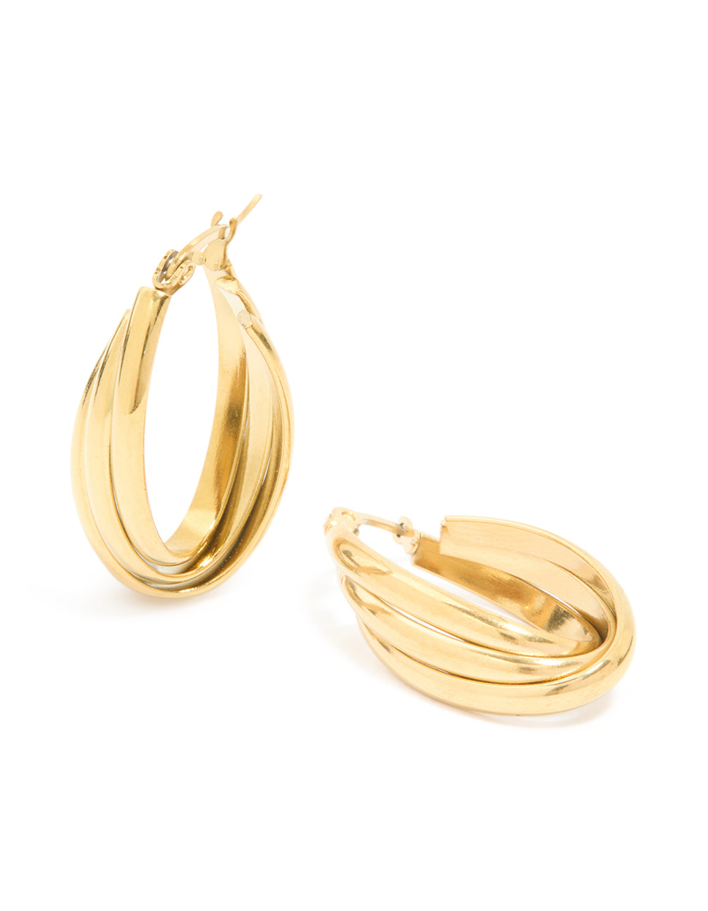 Featuring waterproof gold plated stainless steel layered huggie earrings in a lustrous finish front view