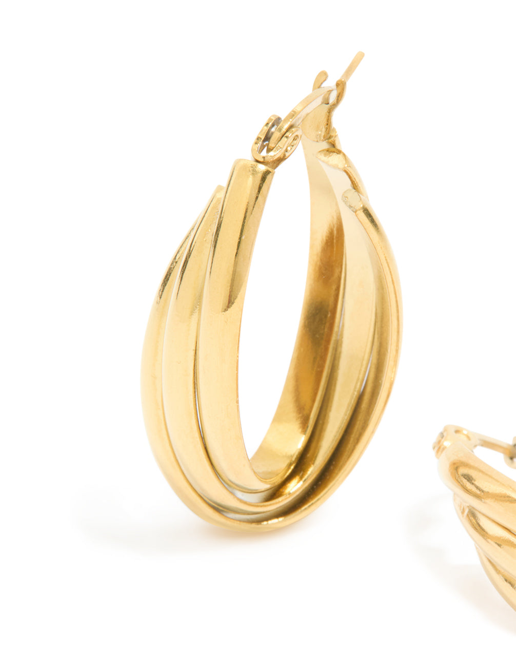 Highlighting the triple-band design and polished texture of waterproof gold plated stainless steel layered huggie earrings close up view