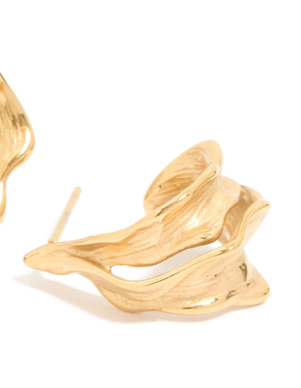 Waterproof gold plated stainless steel molten effect hoop earrings post detail view