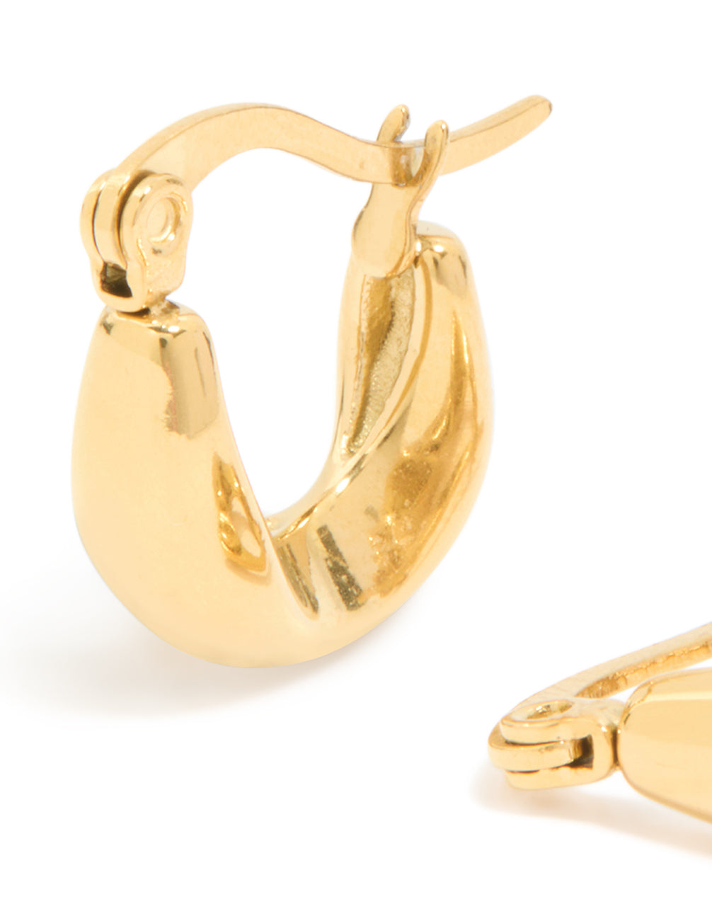 Showcasing waterproof gold plated stainless steel organic teardrop hoop earrings close up view