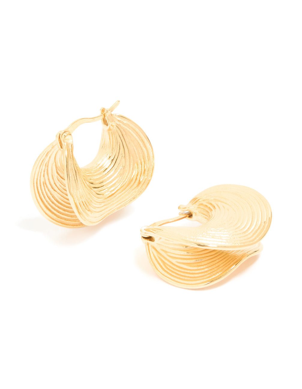 Showcasing waterproof gold plated stainless steel etched chunky hoop earrings in gold front view