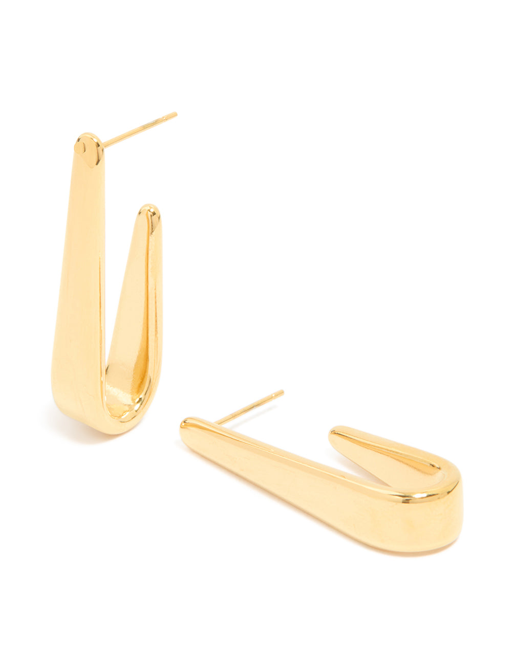 Showcasing waterproof gold plated stainless steel long drop hoop earrings with hoop closure front view