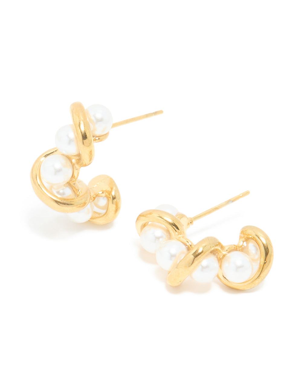 Showcasing waterproof hoop earrings crafted from stainless steel with pearl wire detailing in gold plated finish front view