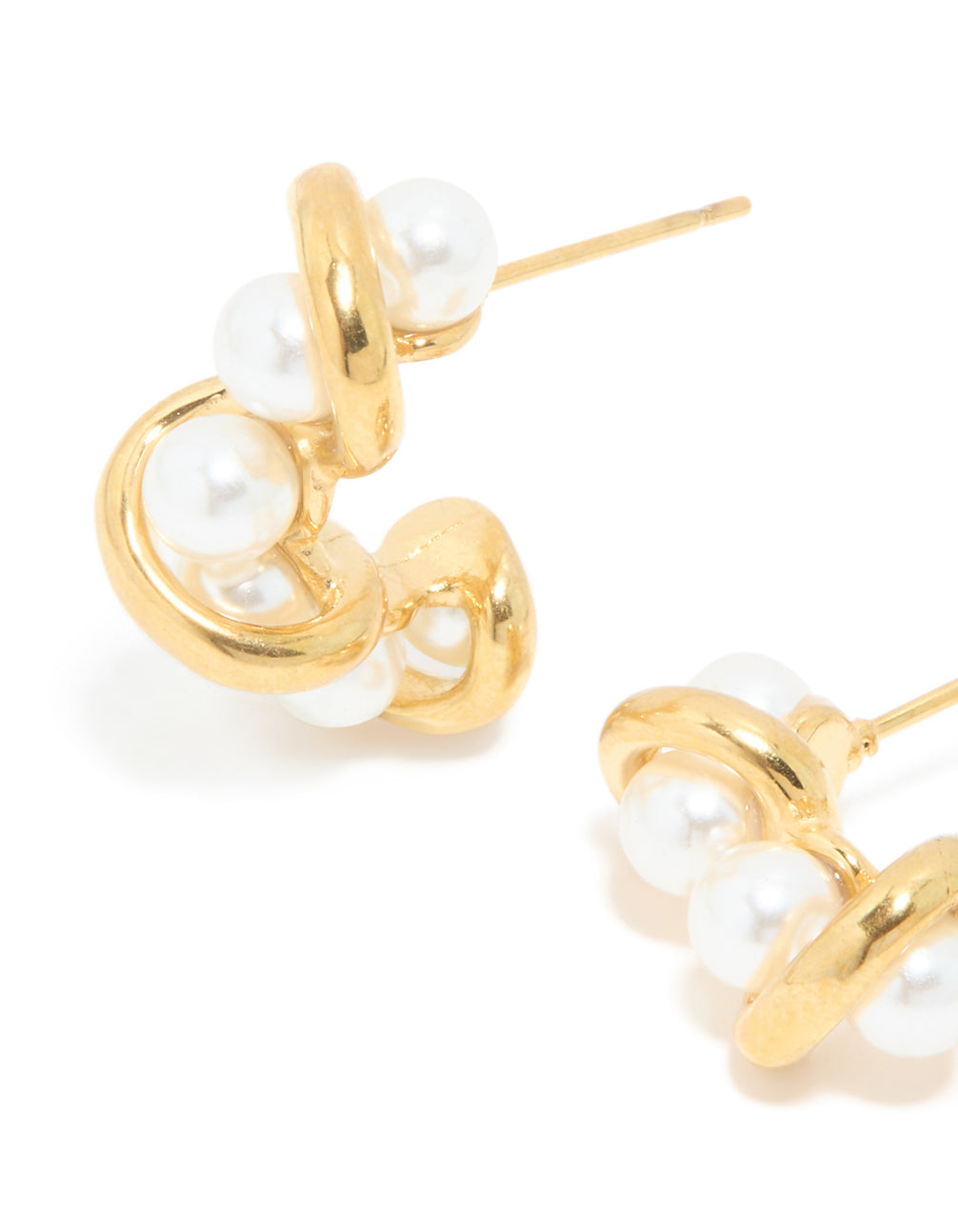 Detailed view of waterproof gold plated stainless steel pearl wire hoop earrings showcasing intricate craftsmanship close up view