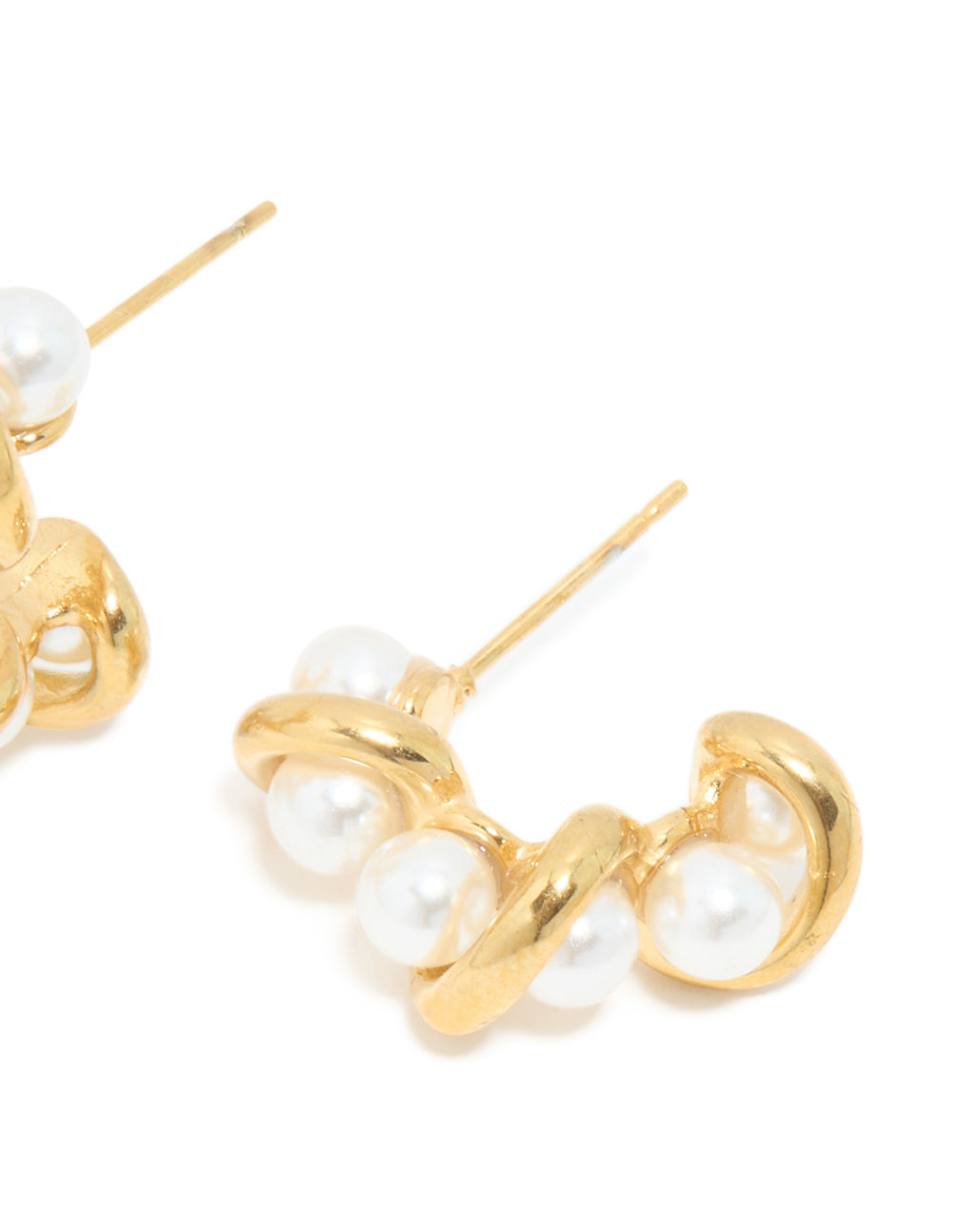 Displaying waterproof gold plated stainless steel pearl wire hoop earrings with visible post detail view