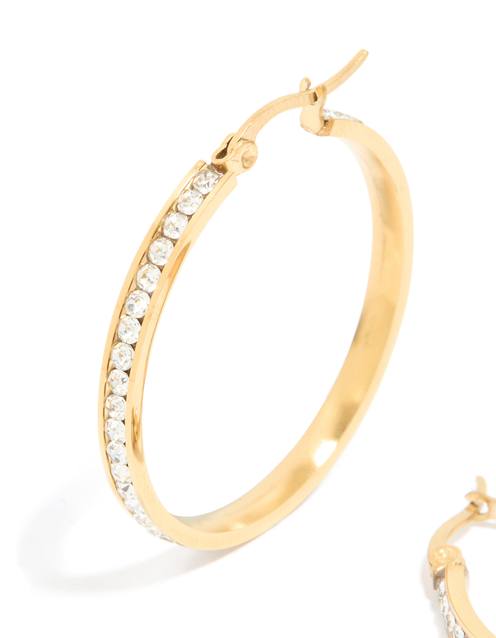 Showcasing waterproof gold plated stainless steel diamante hoop earrings close up view