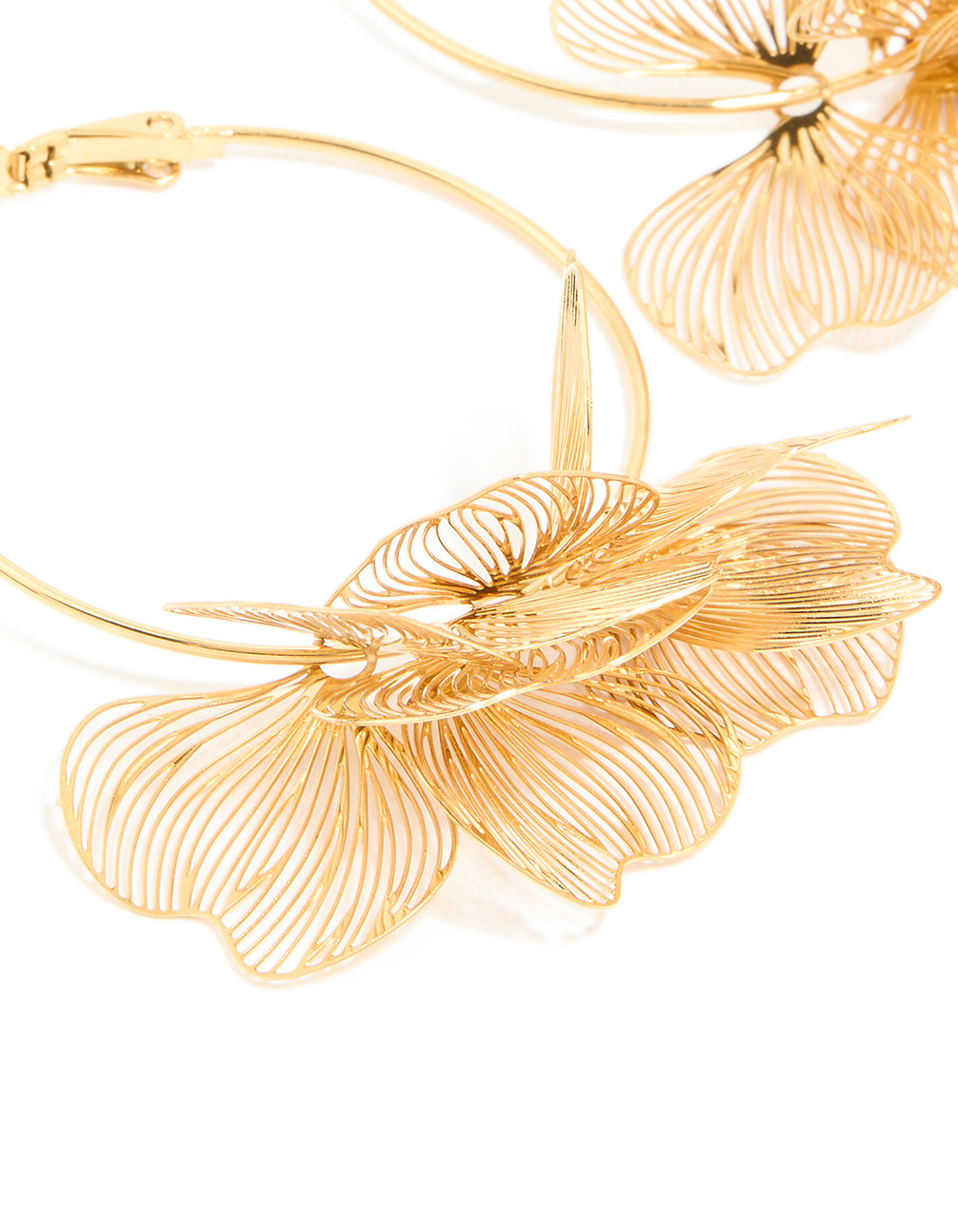 Designed with waterproof gold plated stainless steel etched flower hoop earrings post detail view
