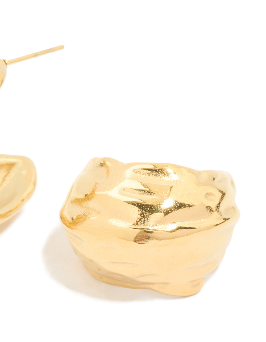 Waterproof gold plated stainless steel chunky curved hoop earrings highlight organic texture post detail view