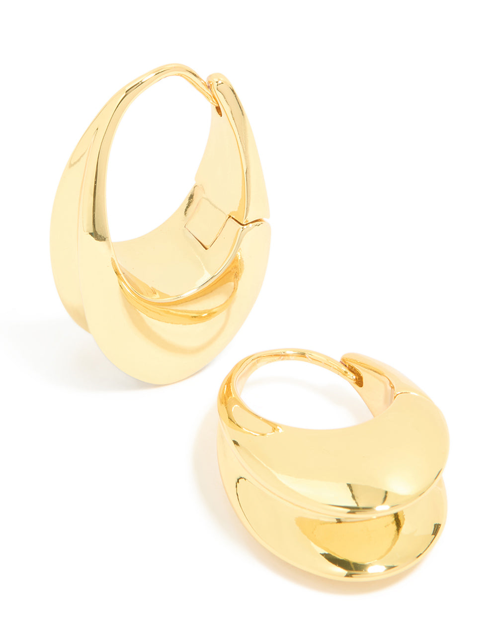 Showcasing waterproof gold plated stainless steel oval concave hoop earrings with hoop closure front view
