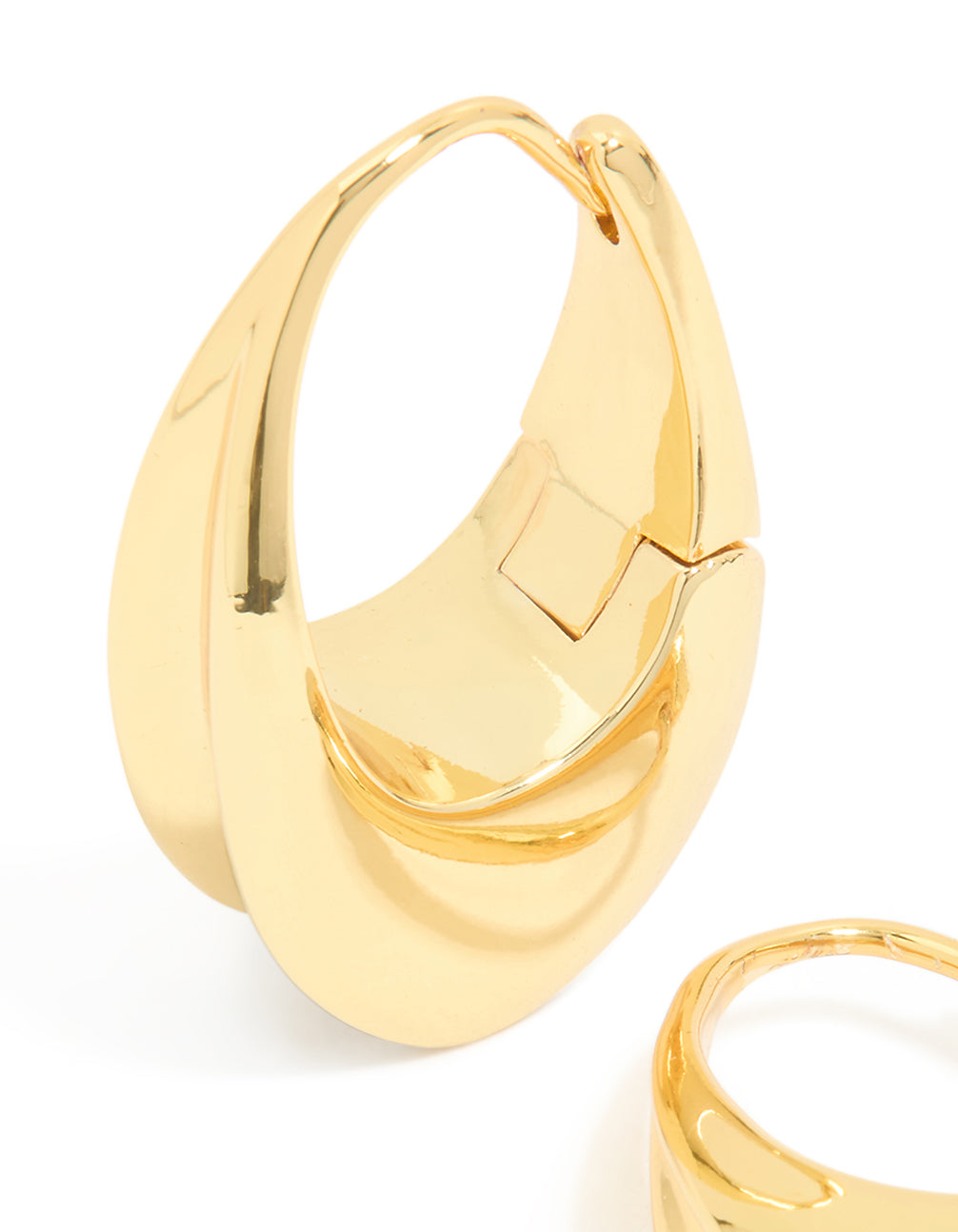 Crafted from waterproof gold plated stainless steel oval concave hoop earrings with closure detail close up view