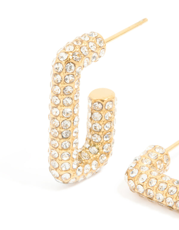 Waterproof Gold Plated Stainless Steel Diamante Pavé Rectangle Hoop Earrings