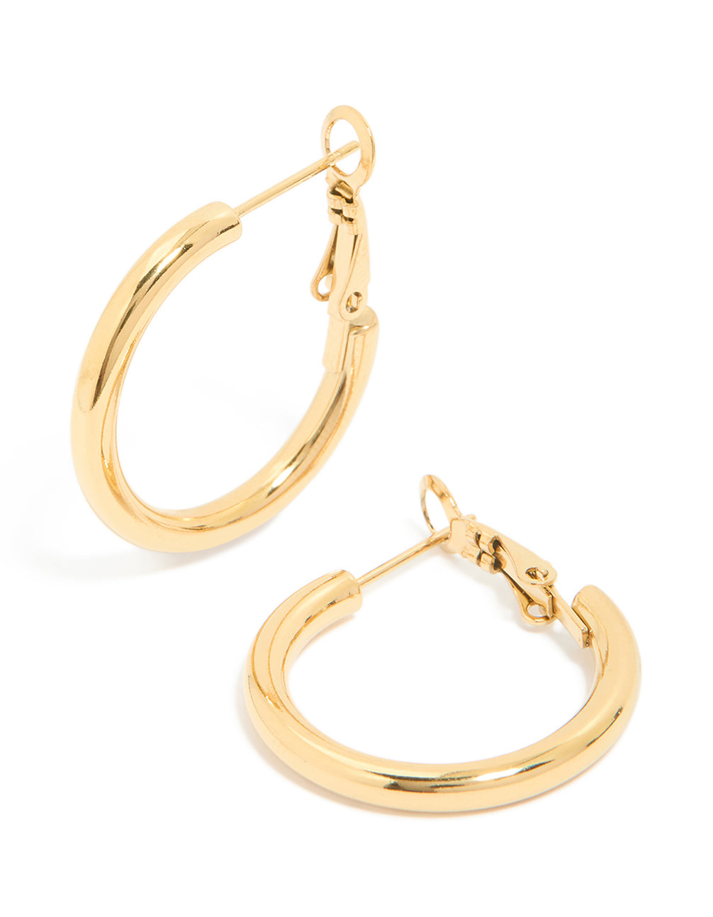 Featuring waterproof gold plated stainless steel hoop earrings in 30 MM front view